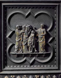 Die Jünger besuchen Jesus, vierzehntes Panel der Südlichen Türen des Baptisteriums von San Giovanni, 1336 (Bronze)